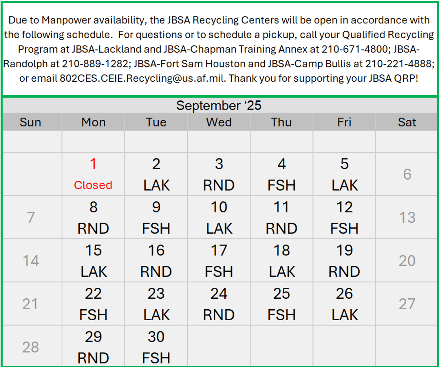 SEPT 2025 RECYCLE SCHEDULE